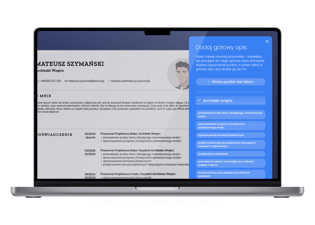 Laptop z otwartym asystentem opisów kreatora CV